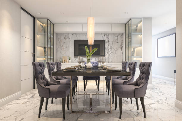 istock 3d rendering blue dining set in modern luxury dining room near door 872728164