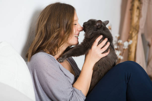 istock Young woman playing with cat in home. 872728876