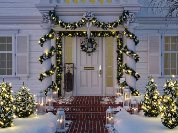 istock christmas decorated porch with little trees and lanterns. 3d rendering 872739180