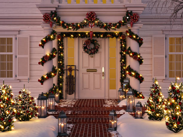 istock christmas decorated porch with little trees and lanterns. 3d rendering 872739200