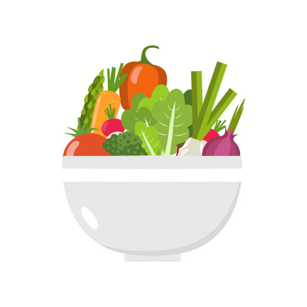 ilustraciones, imágenes clip art, dibujos animados e iconos de stock de tazón de fuente vegetal. rodajas de verduras. - comida sana ilustraciones
