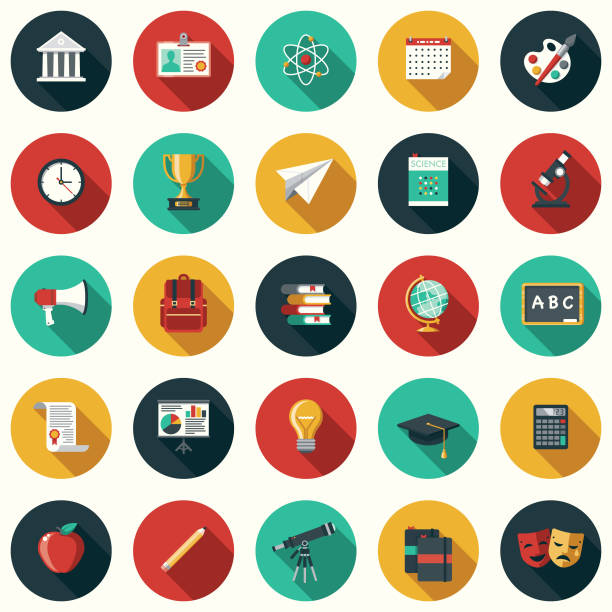 Education Flat Design Icon Set with Side Shadow A set of flat design styled education icons with a long side shadow. Color swatches are global so it’s easy to edit and change the colors. university clipart stock illustrations
