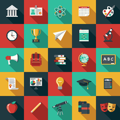 A set of flat design styled education icons with a long side shadow. Color swatches are global so it’s easy to edit and change the colors.