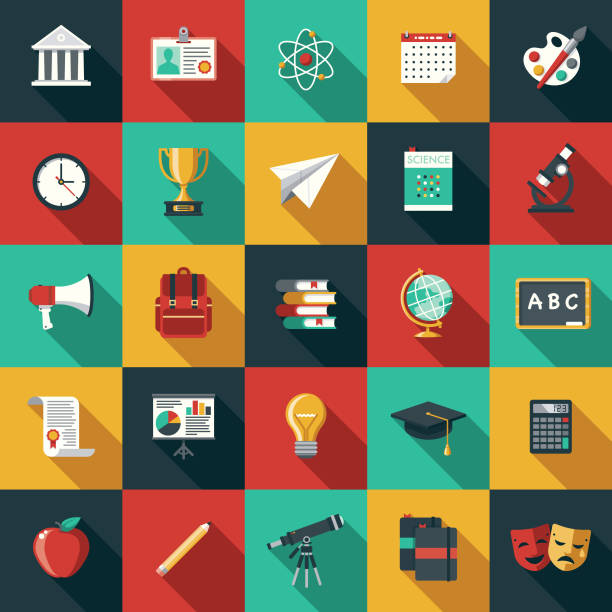 Education Flat Design Icon Set with Side Shadow A set of flat design styled education icons with a long side shadow. Color swatches are global so it’s easy to edit and change the colors. backpack illustrations stock illustrations