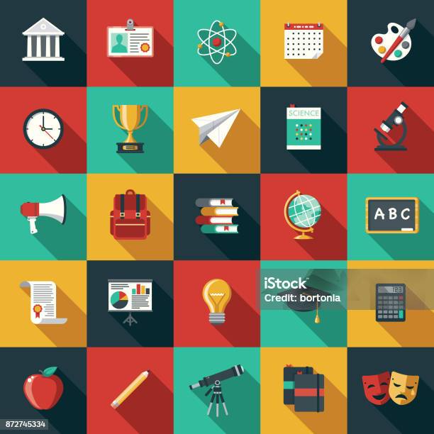 Education Flat Design Icon Set With Side Shadow Stock Illustration - Download Image Now - Icon Symbol, Education, University