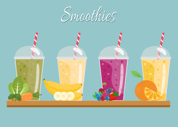 cartoon-smoothies. orange, erdbeere, beere, grüne bananen smoothies. - smoothie stock-grafiken, -clipart, -cartoons und -symbole