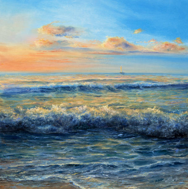 Ocean waves Original oil painting showing waves in ocean or sea on canvas. Modern Impressionism, modernism,marinism"n tropical beach and clouds scene stock illustrations