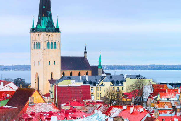 Cityscape and St Olaf Church in Old town of Tallinn Cityscape and St Olaf Church in the Old town of Tallinn, Estonia in winter. Baltic Sea on the background sentinel spire stock pictures, royalty-free photos & images