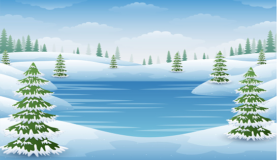 Vector illustration of Winter landscape with frozen lake and fir trees