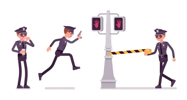 Vector illustration of Young policeman investigating crimes in city