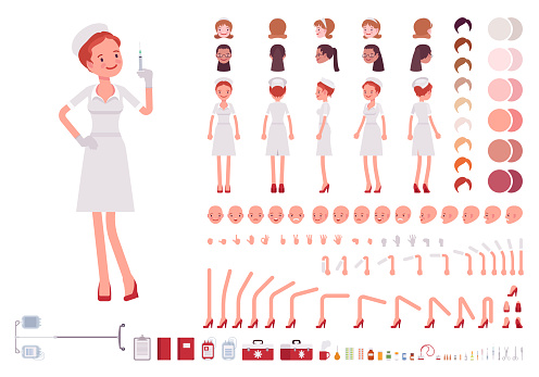 Nurse in retro uniform character creation set. Old fashion hospital wear, full length, different views, emotions, gestures. Build your own design. Cartoon flat-style infographic illustration