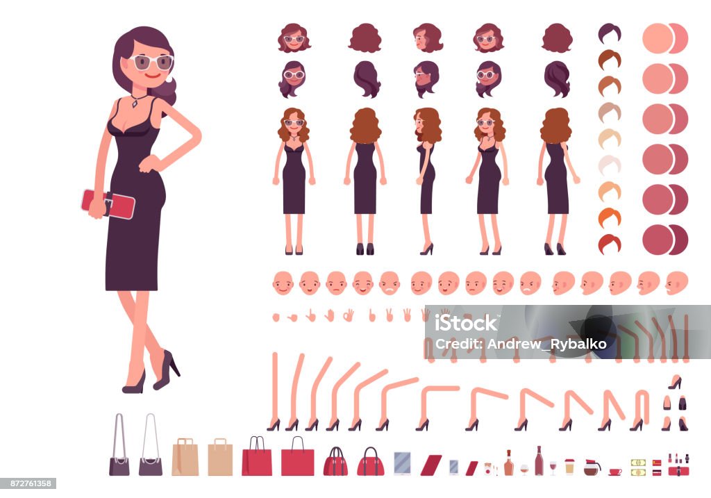Girl in evening dress character creation set Girl in evening dress character creation set. Party woman in black trendy luxury gown. Full length, different views, gestures. Build your own design. Cartoon flat-style infographic illustration Women stock vector
