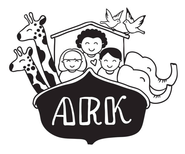 ilustrações, clipart, desenhos animados e ícones de ilustração vetorial da arca de noé, preto e branca - ark animal elephant noah