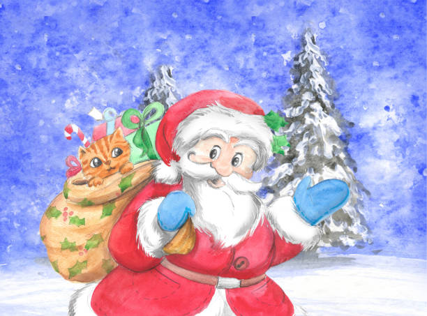 istock Santa Claus with sack and cat in snowing landscape 872768466