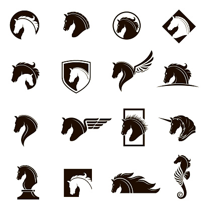 monochrome collection of horse head icons with different manes