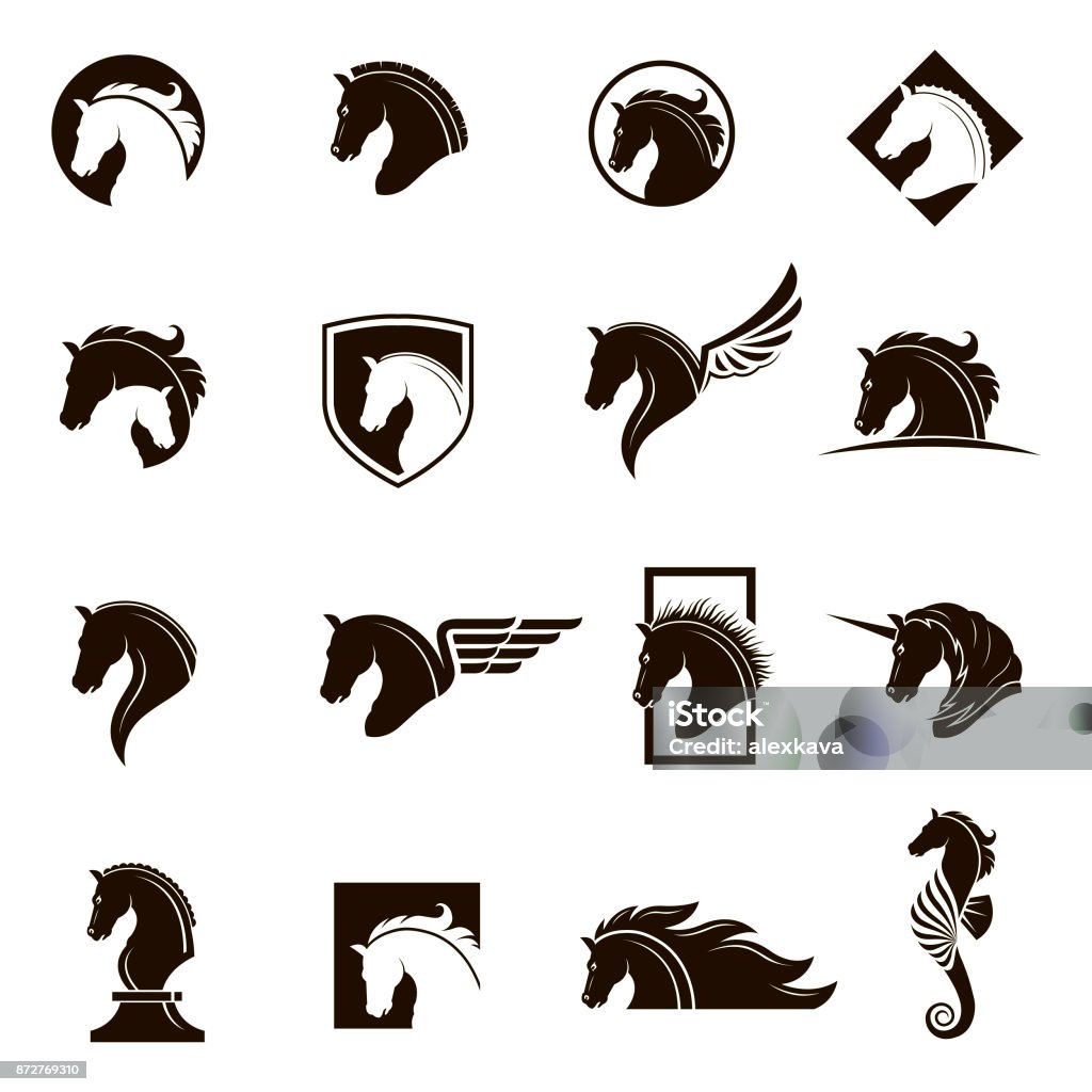 set of horse icons monochrome collection of horse head icons with different manes Horse stock vector