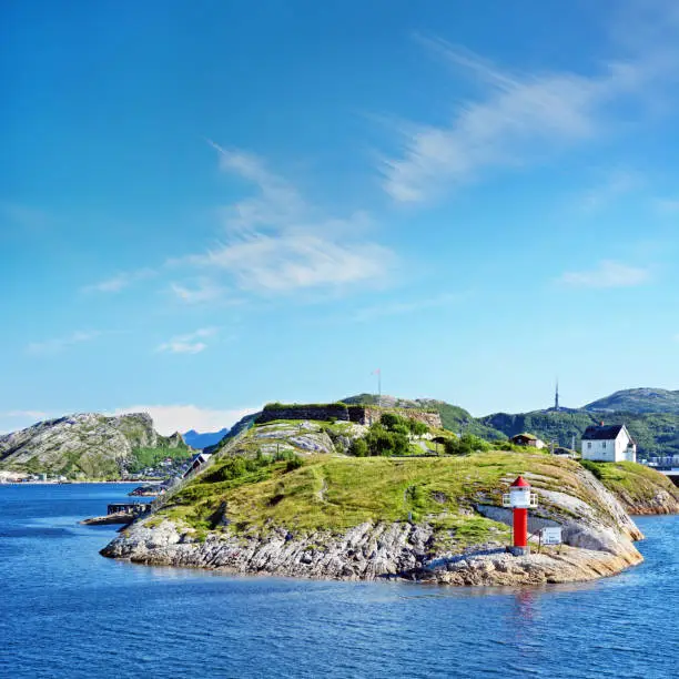 Nyholmen old lighthouse and Bastion in Bodo, Norway. Composite photo