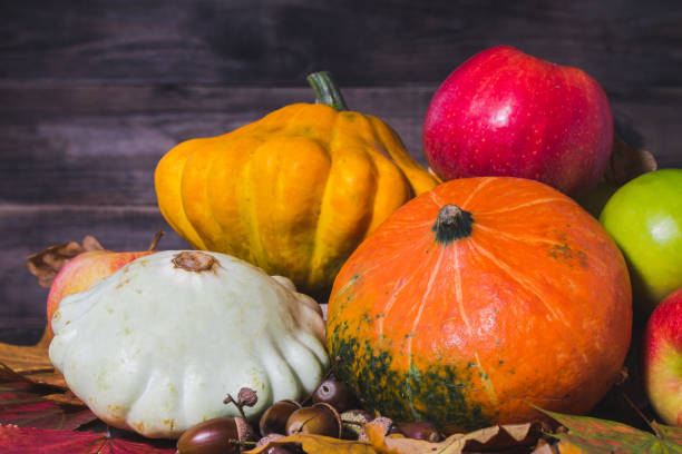 istock Autumn nature concept. Fall pumpkins and apples on wooden rustic table. Thanksgiving dinner. 872779028