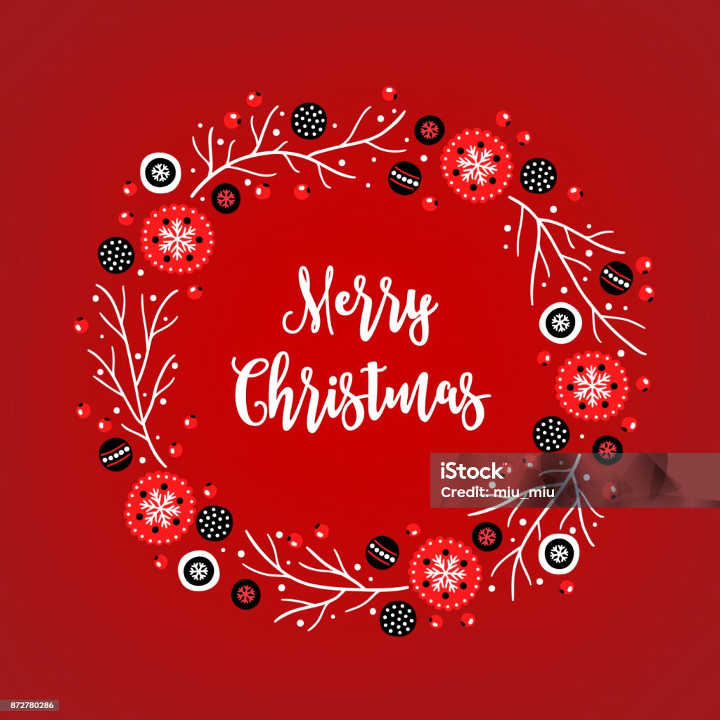 Christmas wreath with balls, berries, branches and snowflakes Christmas wreath with balls, berries, branches and snowflakes on red background. Perfect for holiday greeting cards Berry stock vector