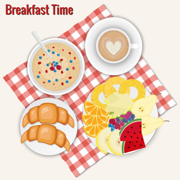 ilustraciones, imágenes clip art, dibujos animados e iconos de stock de set de desayuno. café, tostadas, croissants, frutas, mermelada, harina de avena, capuchino. - omelet bacon tomato fruit