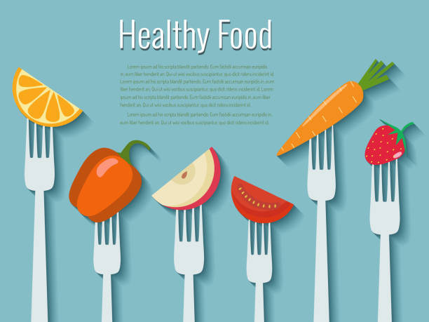 ilustrações de stock, clip art, desenhos animados e ícones de vegetables and fruits on forks. healthy food vector illustration - healthy eating healthy lifestyle salad vegetable