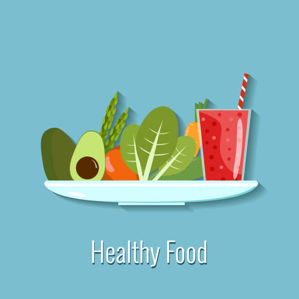 건강 식품의 벡터 그림입니다. 야채와 접시에 스무디 - 2327 stock illustrations
