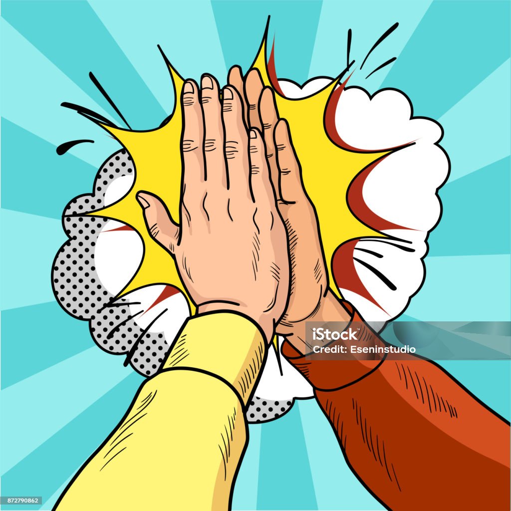 Hands give five pop art. Male hands in a gesture of success. Yellow and red sweaters. Vintage cartoon retro vector illustration. Hands give five pop art. Male hands in a gesture of success. Yellow and red sweaters. Vintage cartoon retro vector illustration. EPS 10. High-Five stock vector