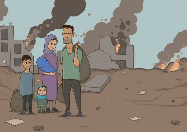 ilustraciones, imágenes clip art, dibujos animados e iconos de stock de familia de refugiados a dos niños en el fondo de edificios destruidos. religión de la inmigración y el tema social. crisis de la guerra y la inmigración. personajes de dibujos animados de ilustración de vector horizontal. - afghanistan person