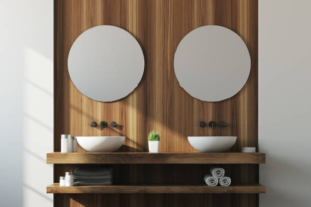 istock Wooden and white bathroom, double sink 872791244