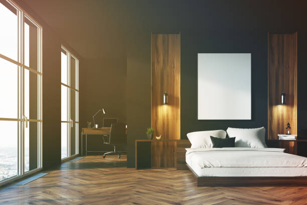 istock Black and wooden bedroom, home office 872794650