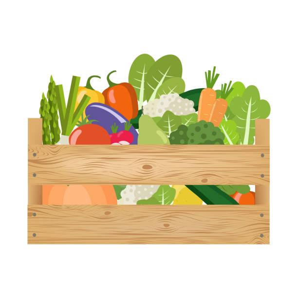 ilustrações, clipart, desenhos animados e ícones de caixa de madeira com frutas e legumes. estilo de vida saudável. - engradado