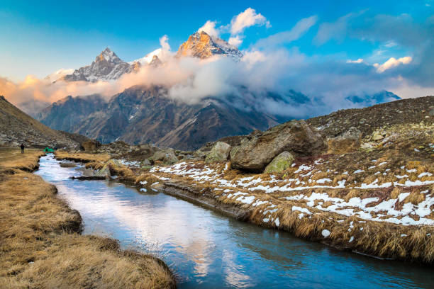 istock Sunset, river, clouds, and colourful sky in the Himalayas 872799198