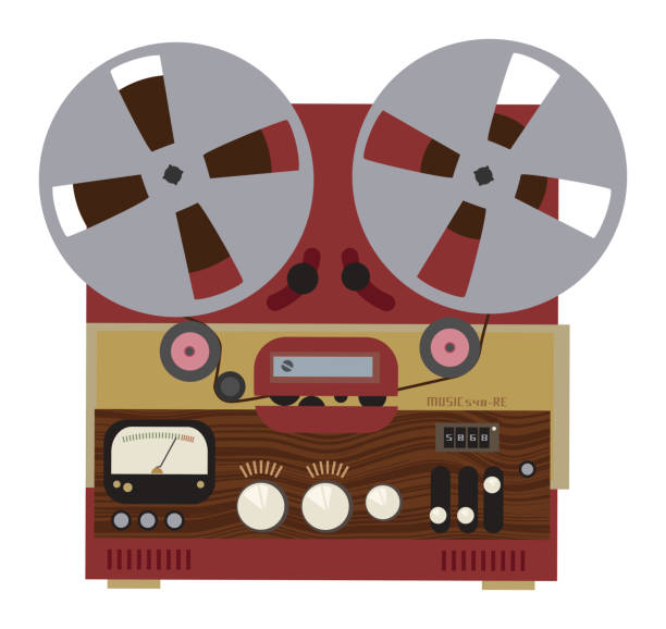 illustrazioni stock, clip art, cartoni animati e icone di tendenza di bobina stereo analogica vintage per registratore a nastro a bobina - reel to reel tape