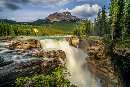 Upper Sunwapta Falls in Jasper National Park, Canada. The water originates from the Athabasca Glacier. Long exposure.
