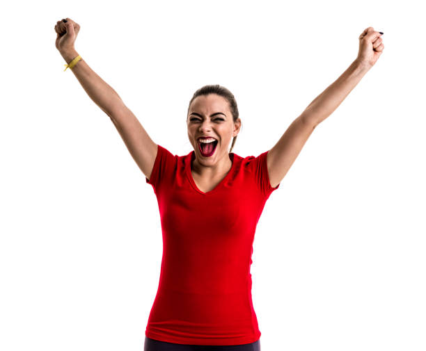 istock Soccer woman on red uniform isolated on white background 872807562