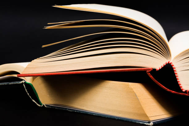istock Vintage old open book on black background 872810106