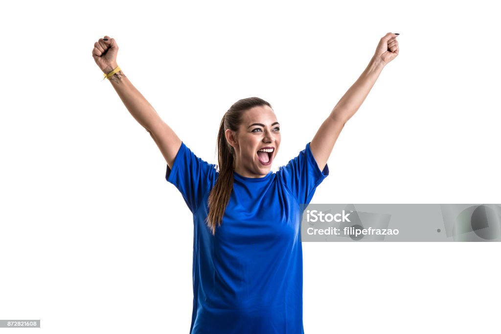 Fan / Sport Player on blue uniform celebrating on white background Sport collection Fan - Enthusiast Stock Photo