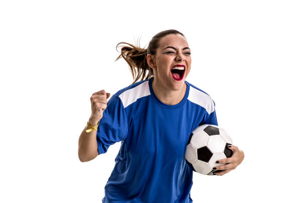 istock Fan / Sport Player on blue uniform celebrating on white background 872821614