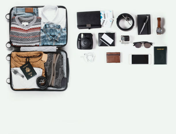 Travel kit Travel kit knolling concept stock pictures, royalty-free photos & images