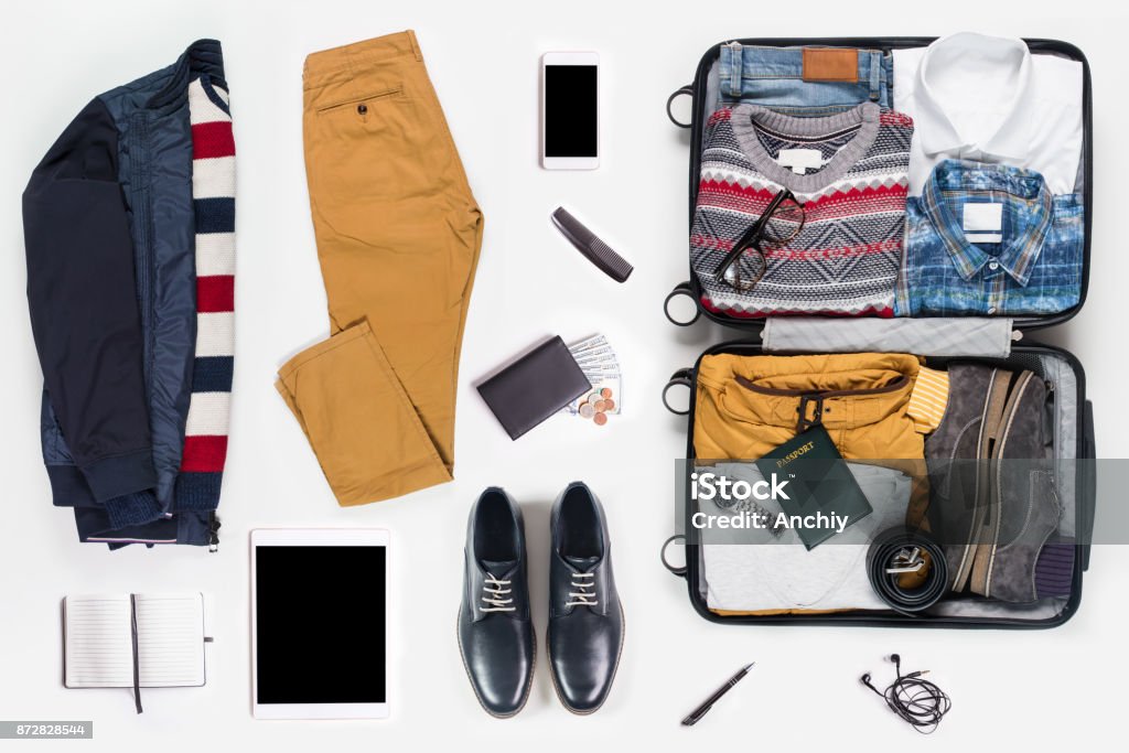 Men’s clothing and personal accessories Flat Lay Stock Photo