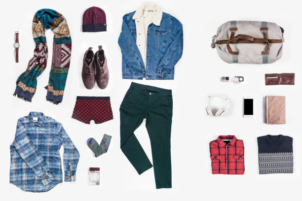 men’s clothing and personal accessories - denim jacket imagens e fotografias de stock