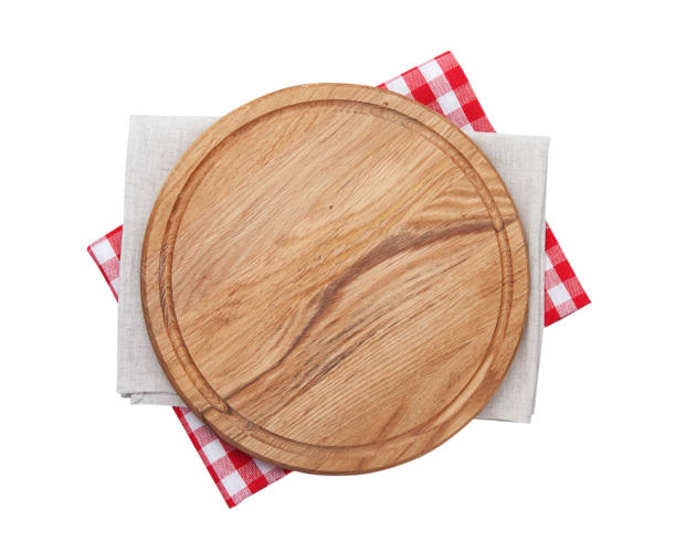 istock Board for pizza on tablecloth  isolated. top view mock up 872831788