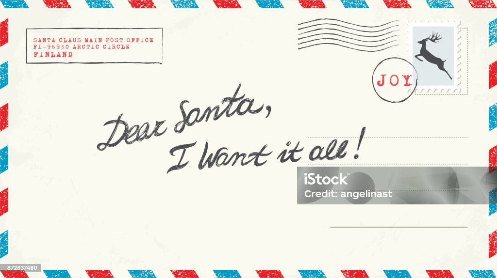 Letter to Santa Postcard Letter to Santa with Christmas stamps. Vector Illustration. Dear Santa, I want it all! Postcard stock vector