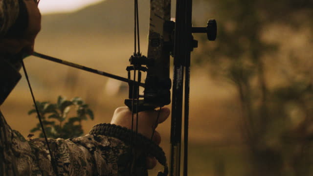 A bow hunter aims and takes his shot in slow motion, the arrow leaves the rest, hitting its animal target. This shot was designed to signify success, hard work, aim, power.
