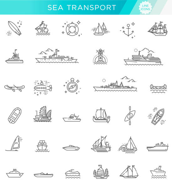 vector line set of ships and boats Ships - set of modern vector plain line design icons and pictograms water sport illustrations stock illustrations