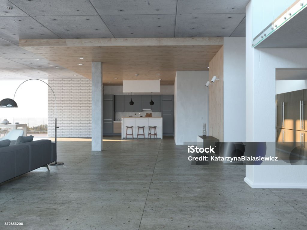 Open living room with kitchen Modern open living room with dining room and kitchen on the ground floor of a spacious concrete house. 3D rendering. Building Story Stock Photo