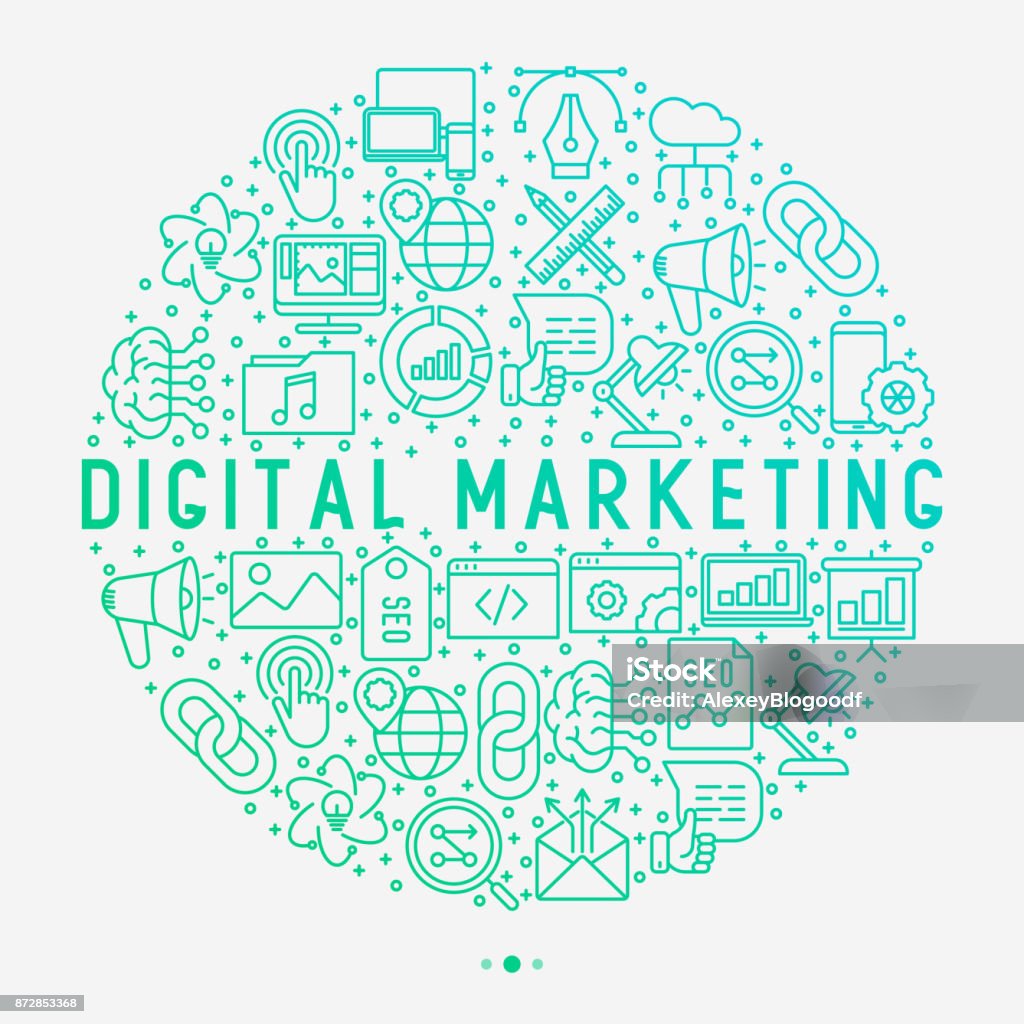 Digital marketing concept in circle with thin line icons: searching idea, development, optimization, management, communication. Vector illustration for banner, web page, print media. Digital Marketing stock vector