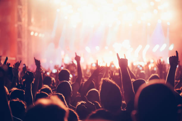 istock Cheering crowd with hands in air at music festival 872856496