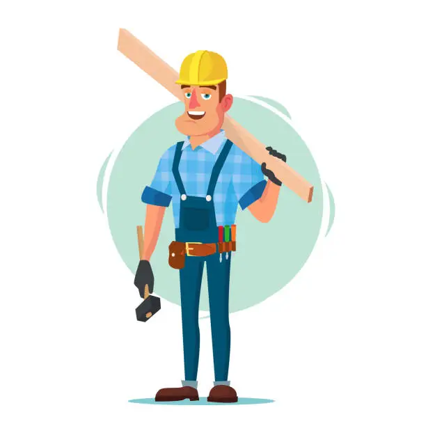 Vector illustration of Timber Frame House Construction Worker Vector. Construction Worker On Framing A Building. Isolated Flat Cartoon Character Illustration