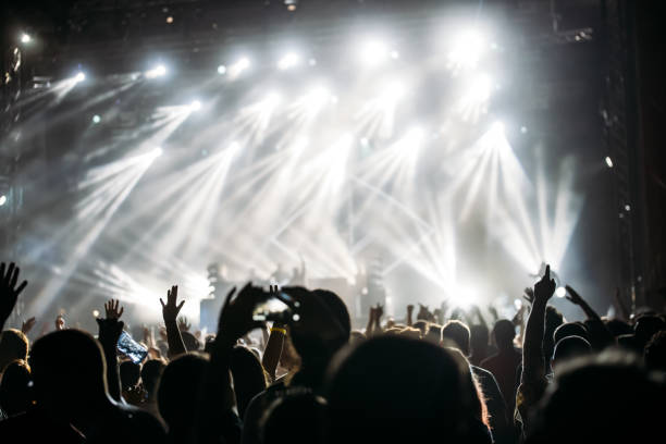 Cheering crowd with hands in air at music festival Cheering crowd with hands in air enjoying at music festival bowie seamount stock pictures, royalty-free photos & images